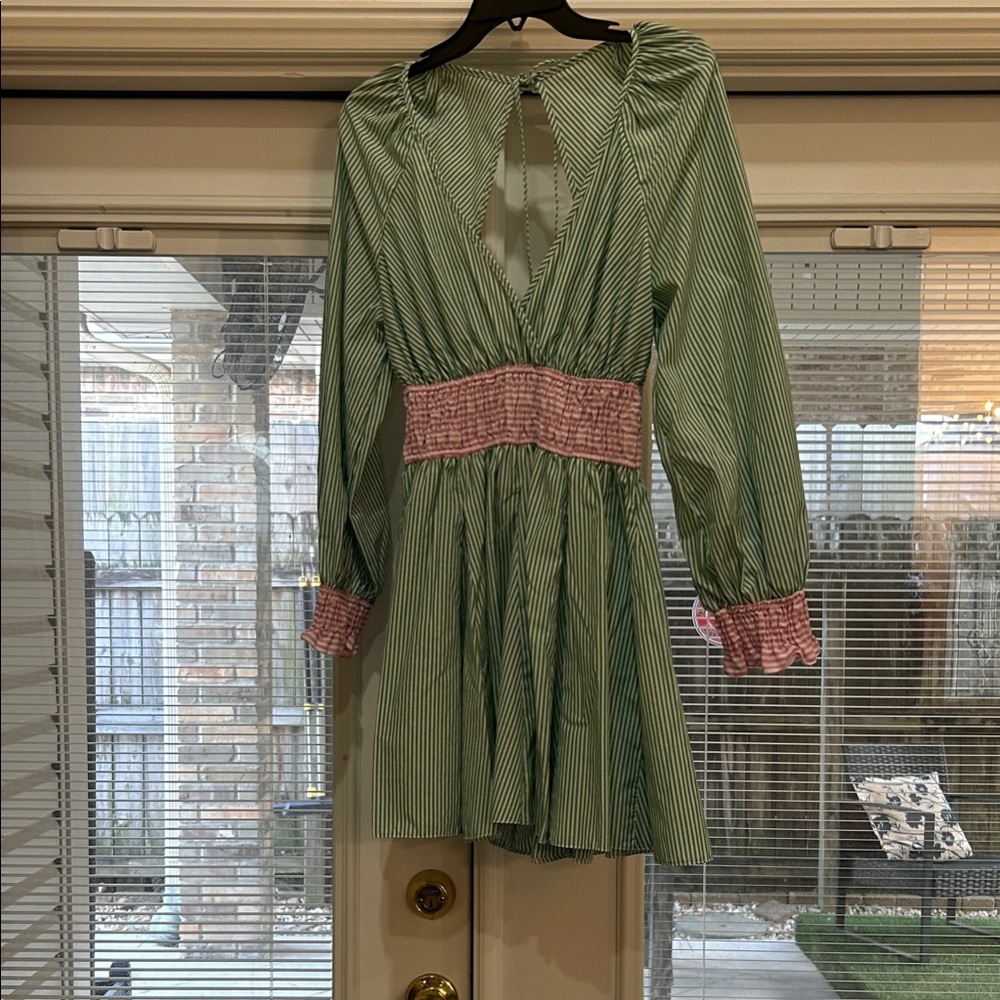 TOPSHOP Green Striped Mini Dress with Pink Smocked Waist
